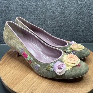 LAutre Chose Womens Olive Green Suede Floral Embroidered Kitten Heel 40.5 Fairy